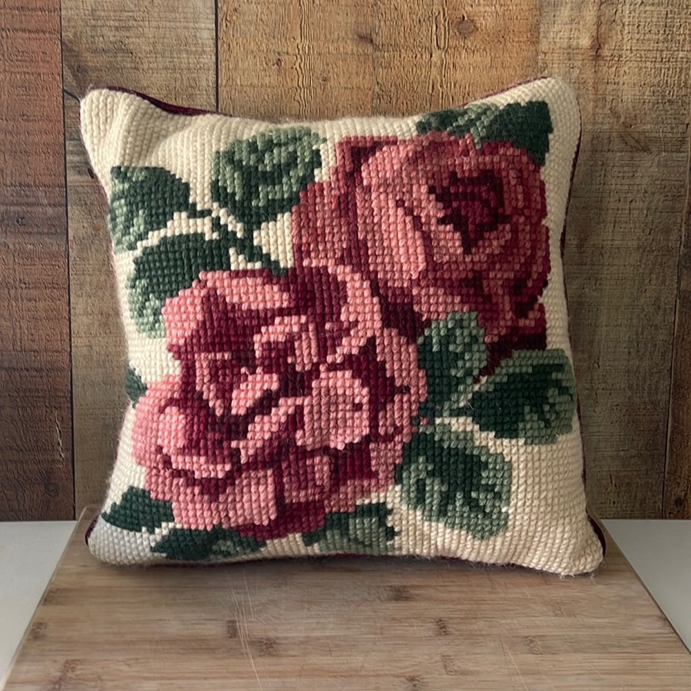 Needlepoint Cottagecore floral pillow